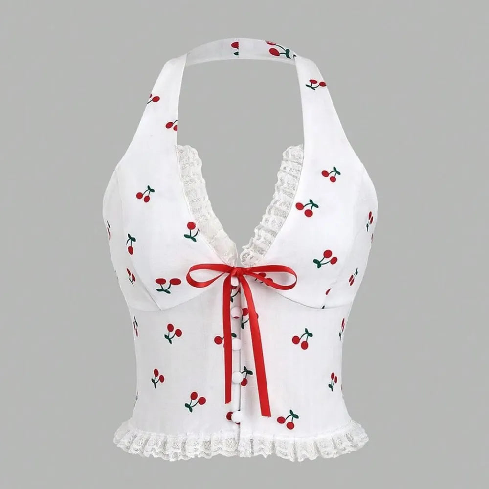 Kirschmuster-Bluse mit Neckholder 