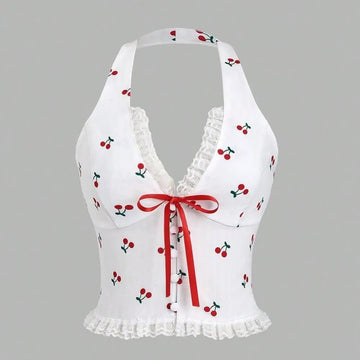 Kirschmuster-Bluse mit Neckholder 