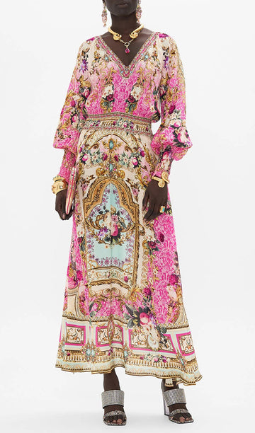 Boho-Maxikleid mit Blumenmuster, langen Ärmeln und V-Ausschnitt