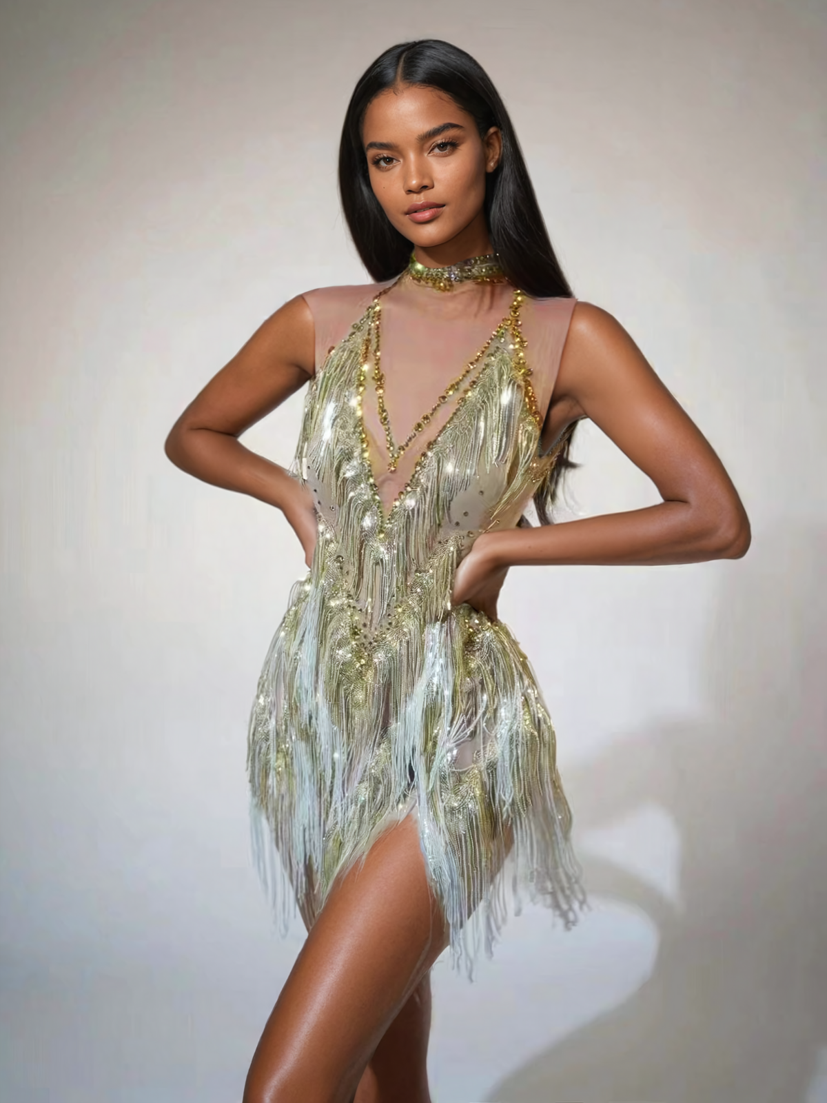 Buggan Rhinestone Fringe Mesh Mini Dress Gold