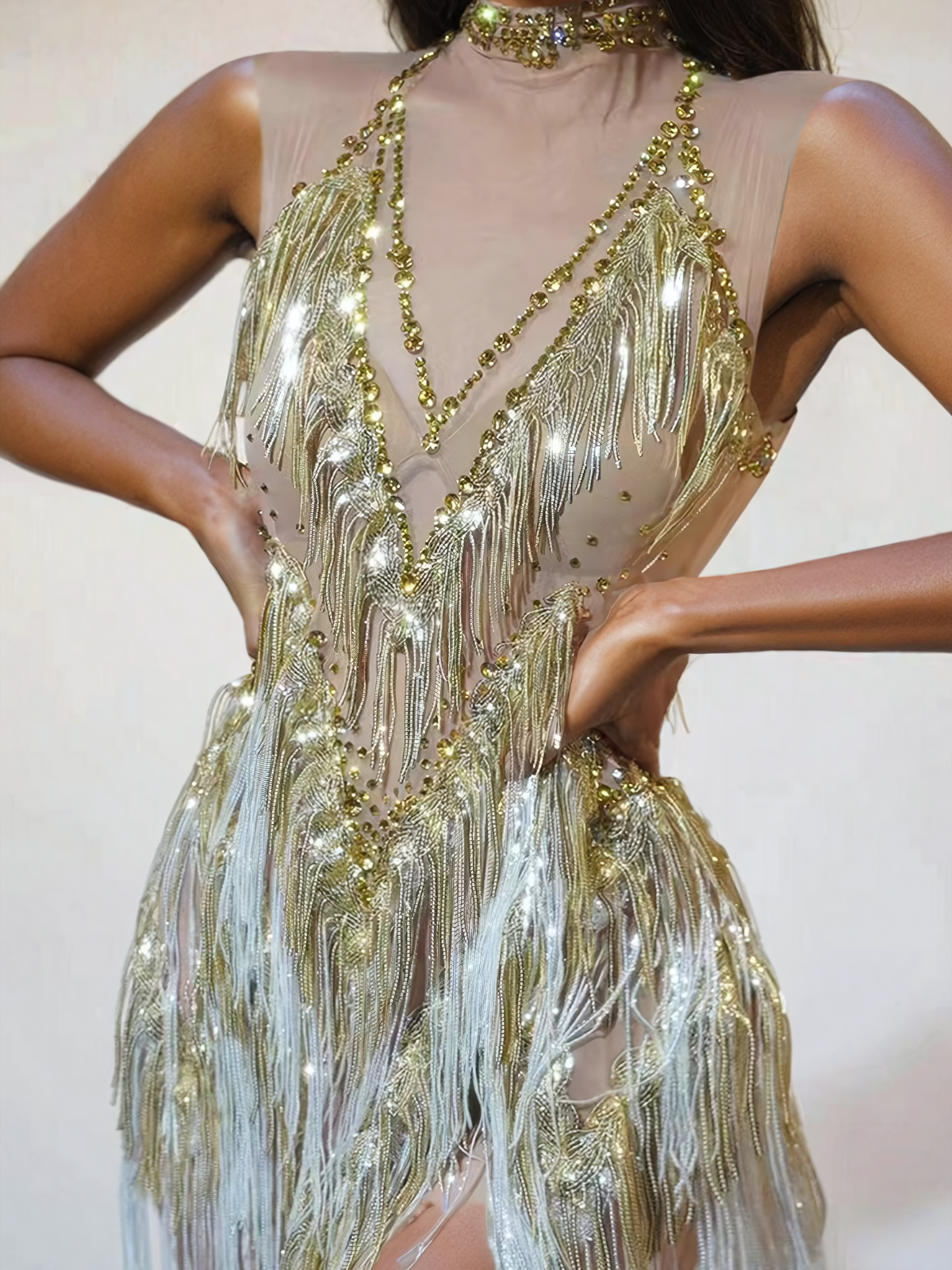 Buggan Rhinestone Fringe Mesh Mini Dress Gold