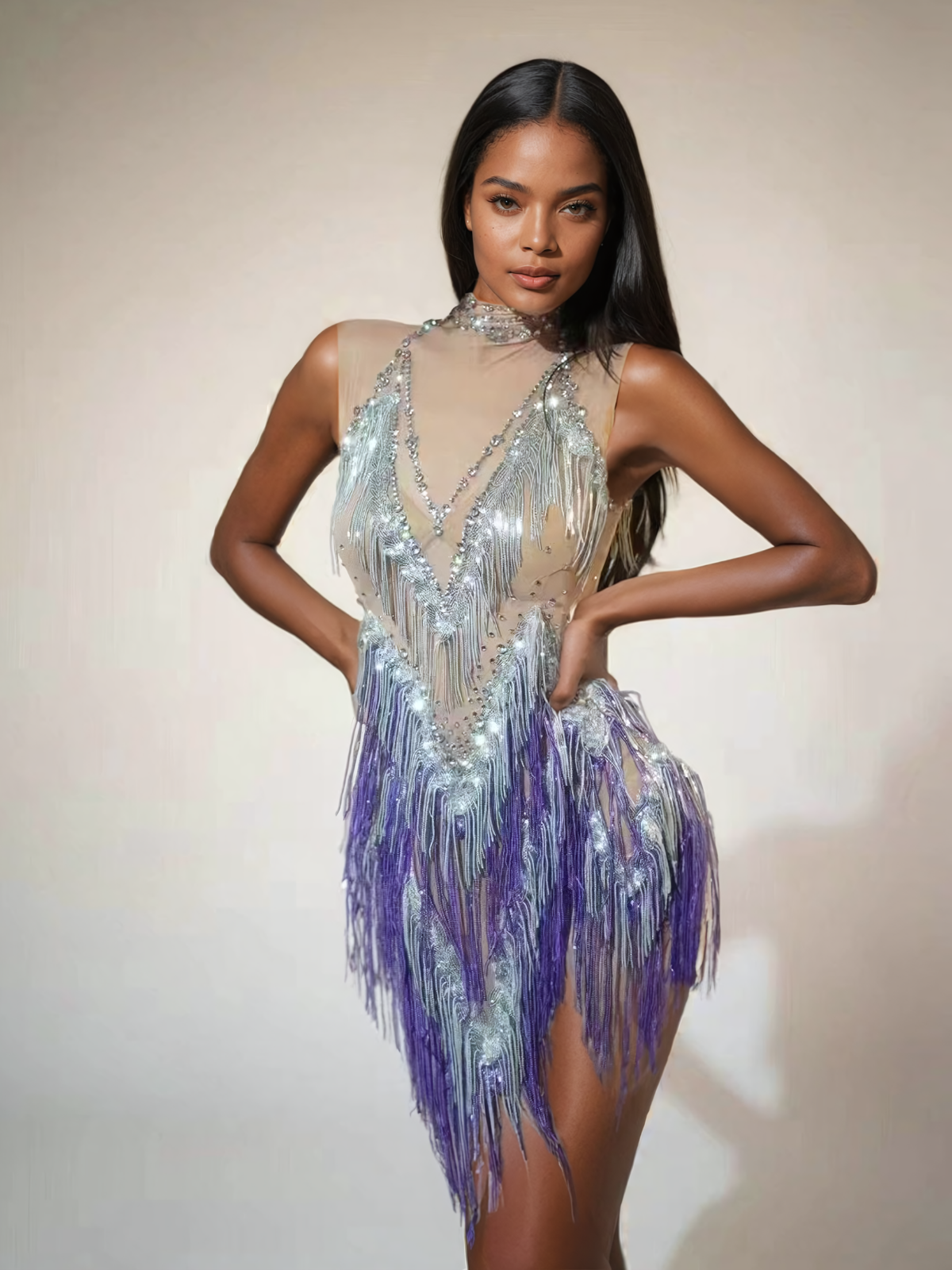 Buggan Strass-Fransen-Minikleid aus Mesh, Lila