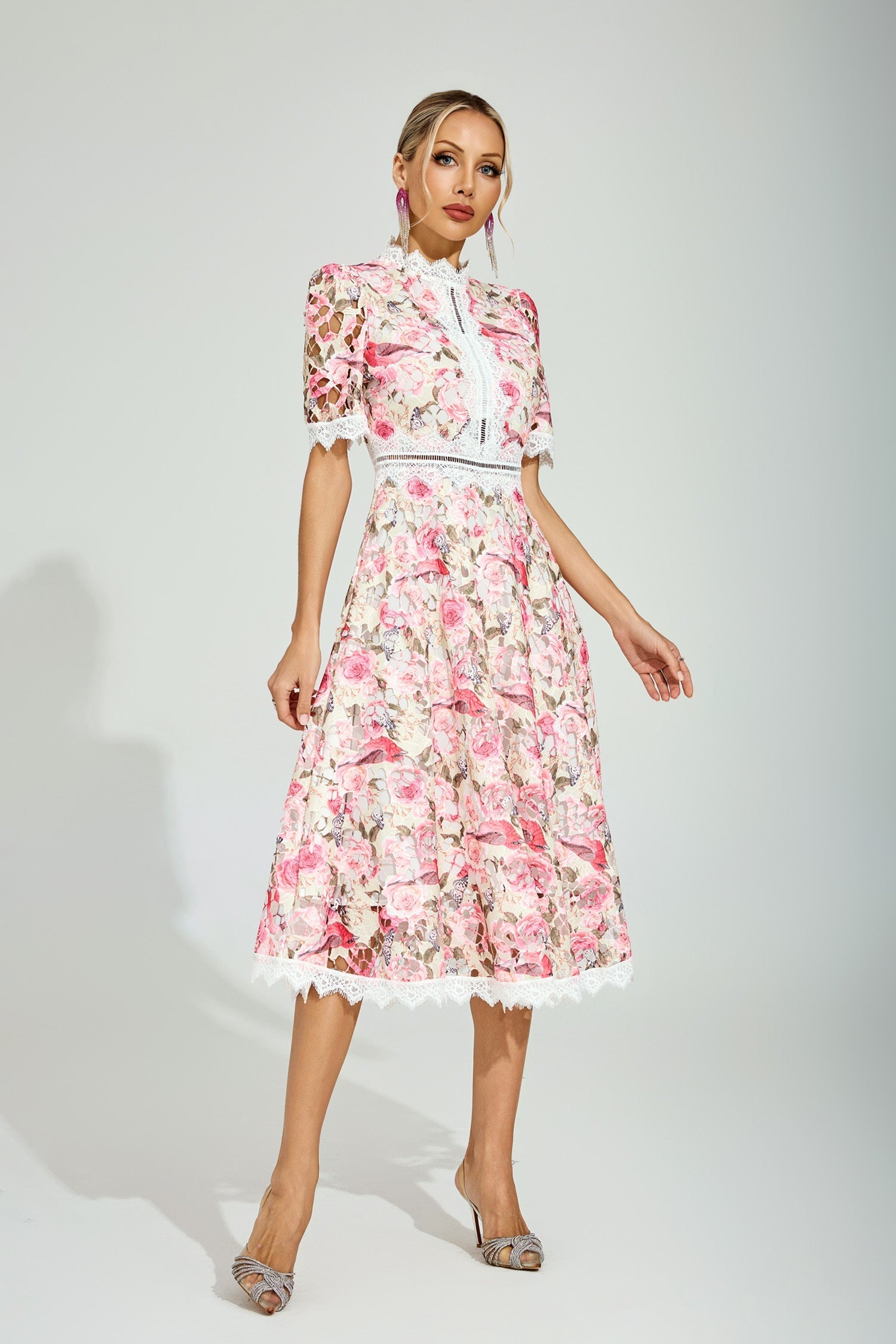 Rose Éclat Dantel Midi Elbise