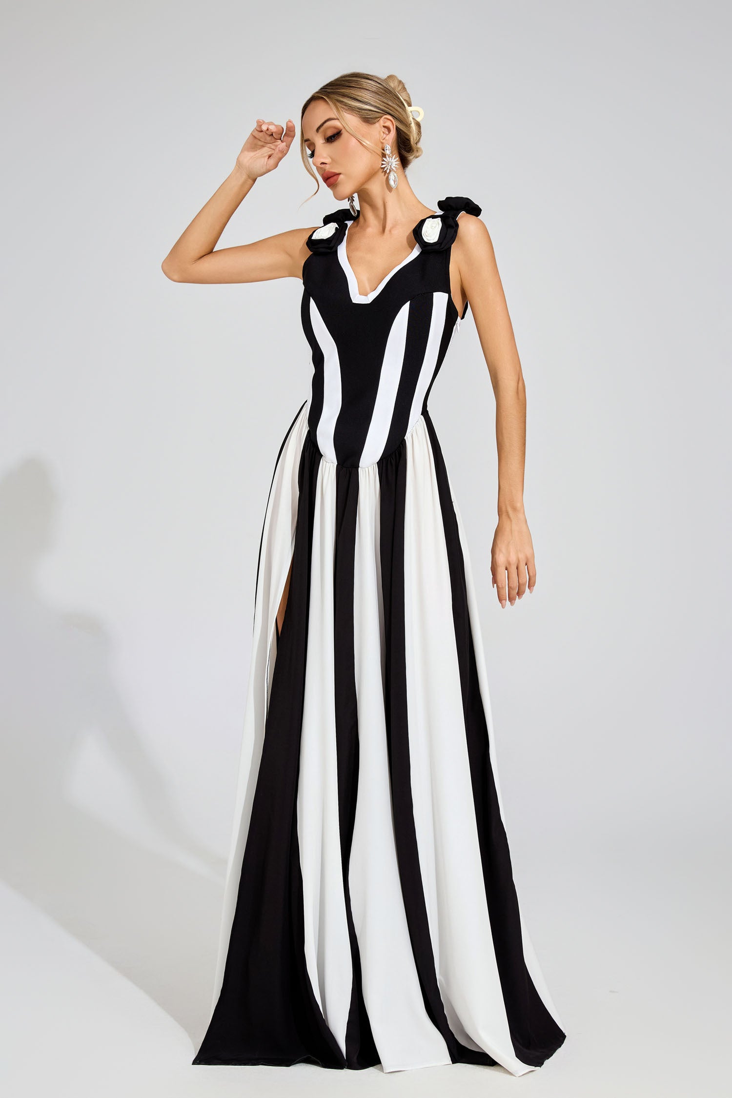 Fleur Noir Çizgili Maxi Elbise