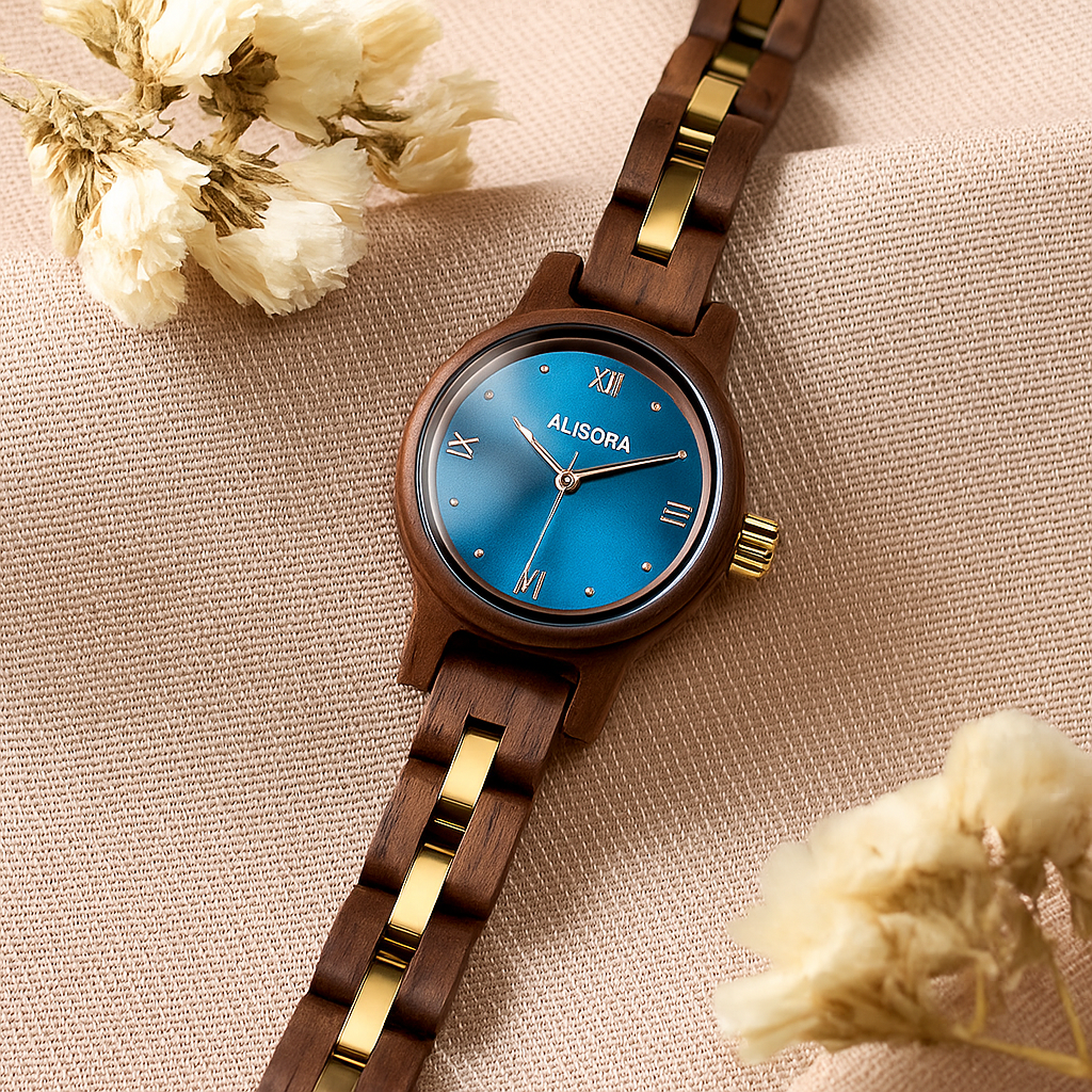 ALISORA Zeytin Ağacı Mavi Kadranlı Ahşap Kol Saati