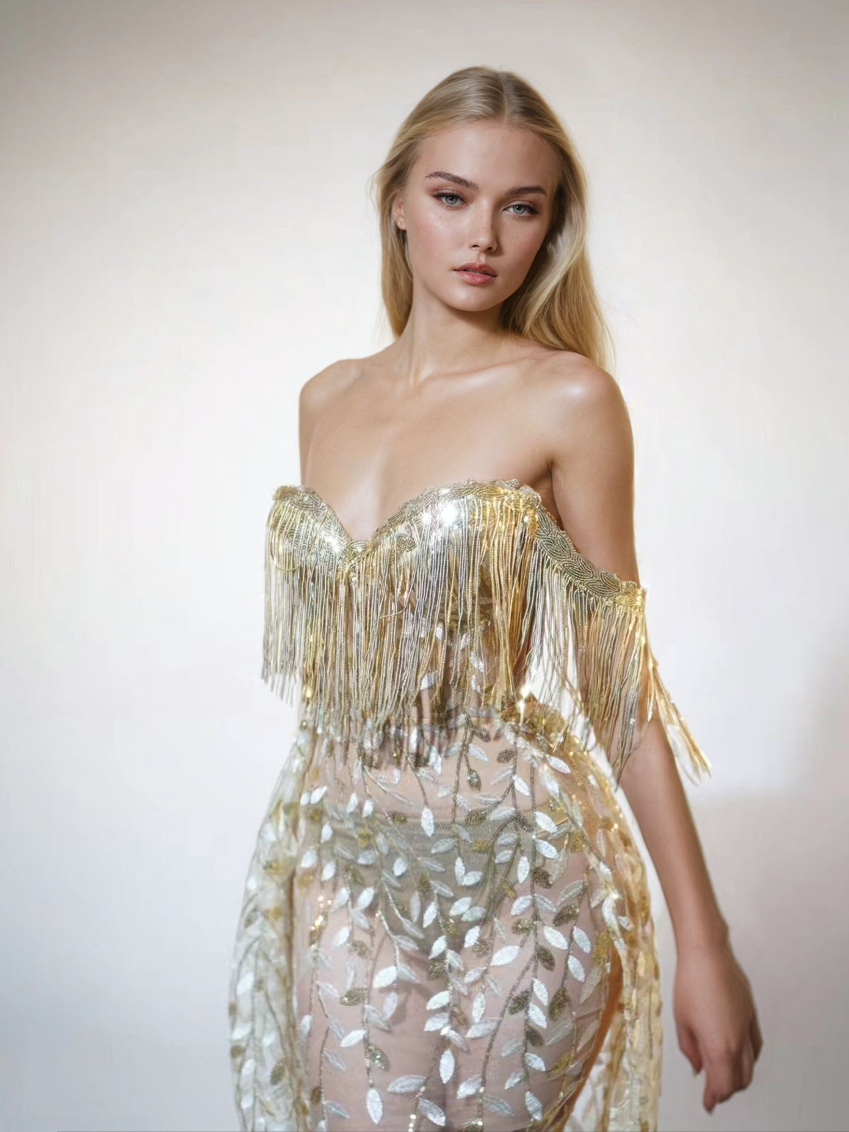 Codruta trägerloses Maxikleid mit Blattmuster und Quasten