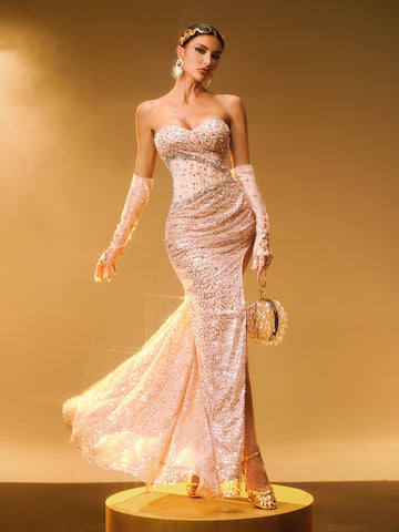 Coralyn trägerloses Maxikleid mit Strasssteinen und Schlitz