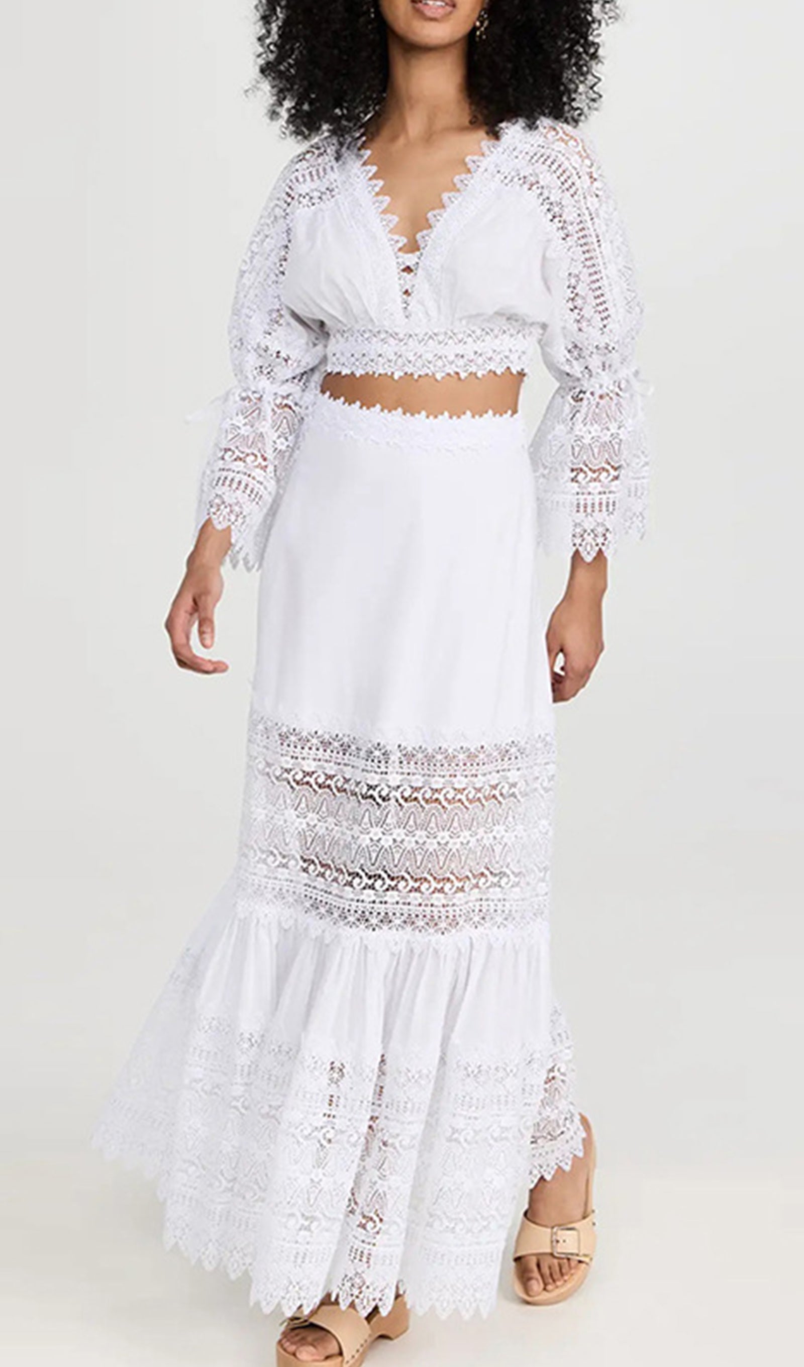 Two-Piece Crochet Maxi Skirt and Top Set in White