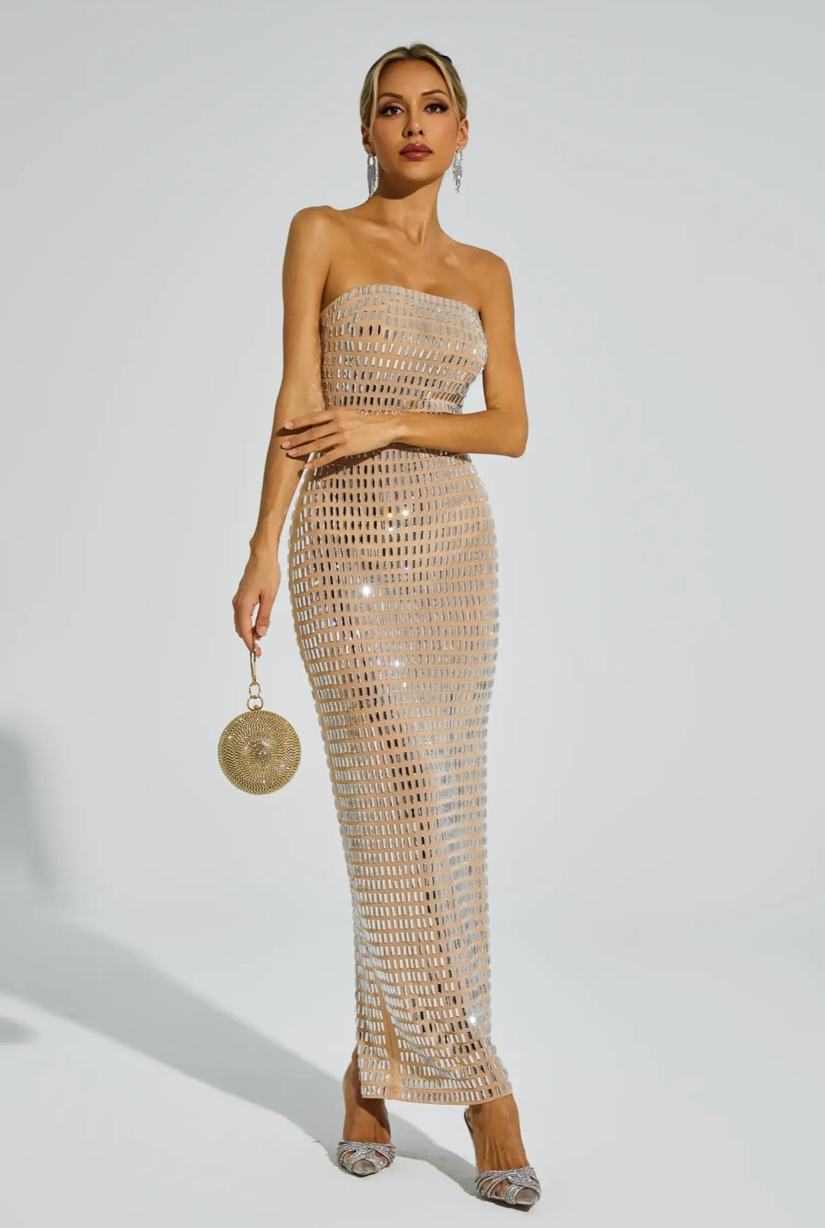 Yapay Elmas Mesh Maxi Elbise