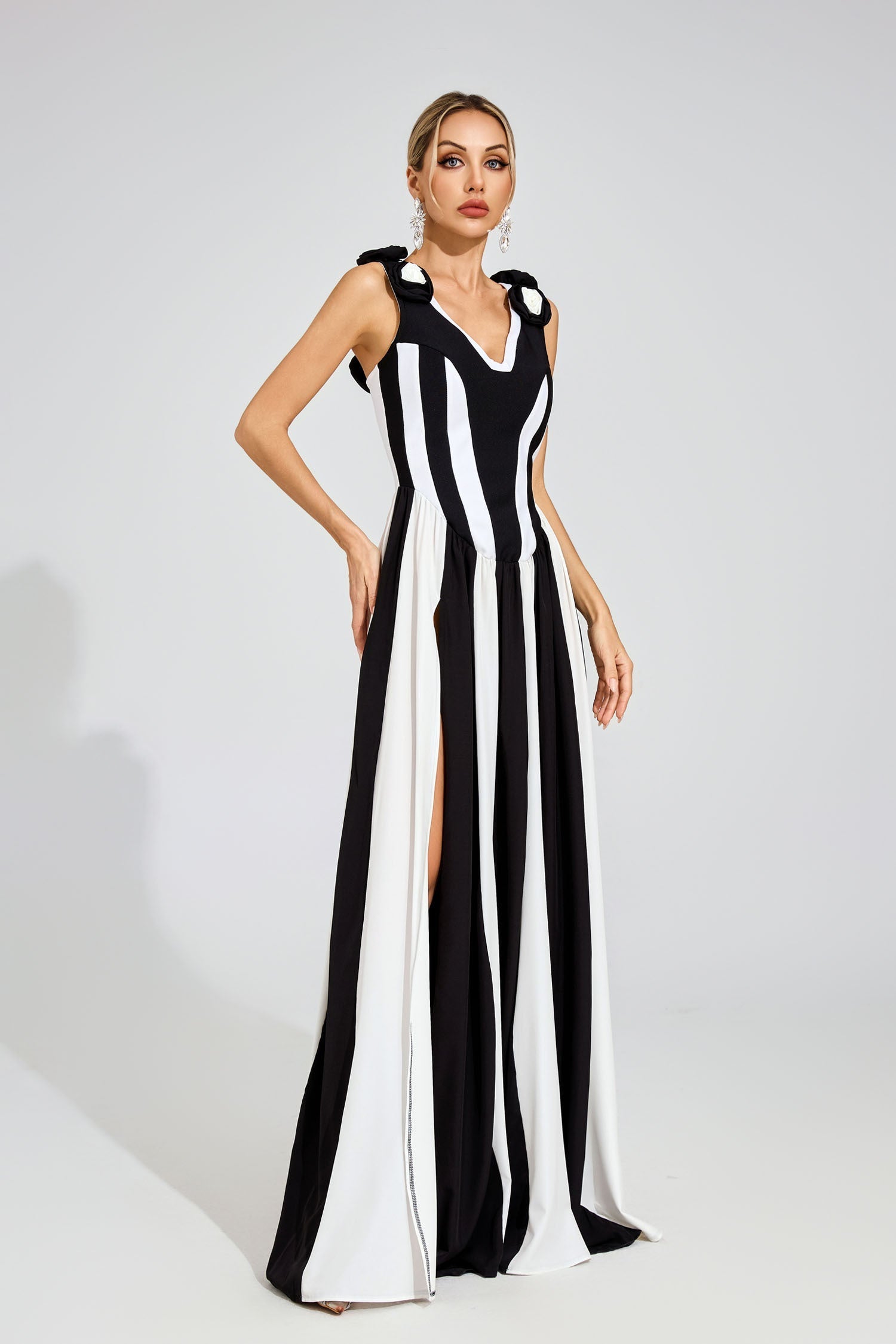 Fleur Noir Çizgili Maxi Elbise
