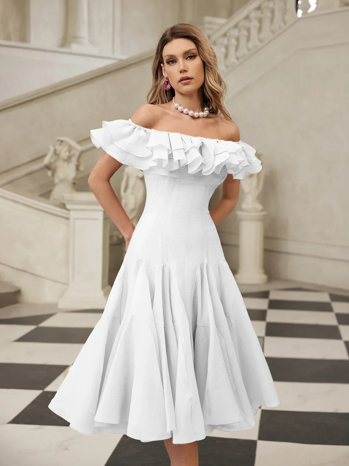 Amélie Off-Shoulder Ruffled Midi Dress - White 
