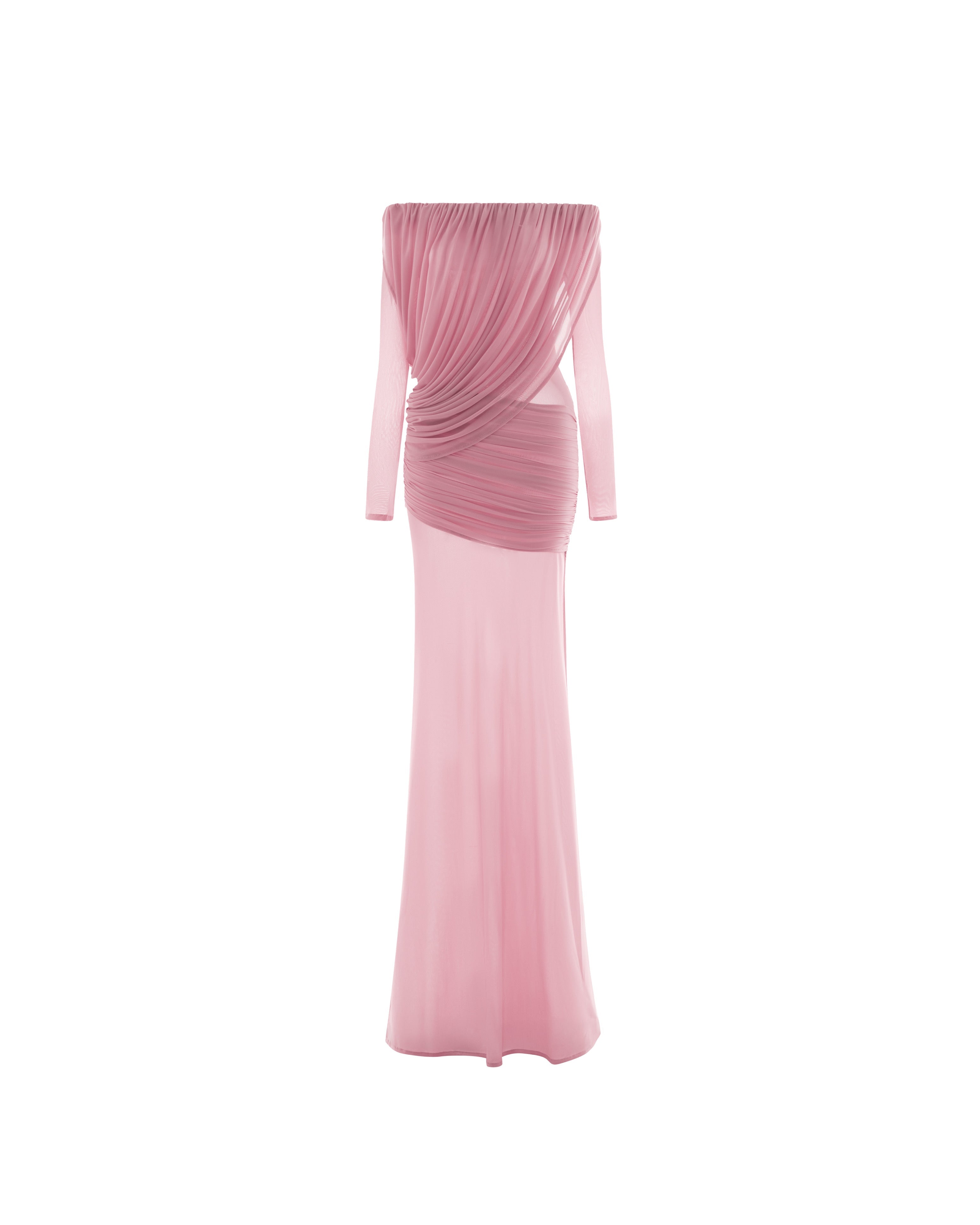 Apolline Drapeli Abiye Maxi Elbise-Pembe