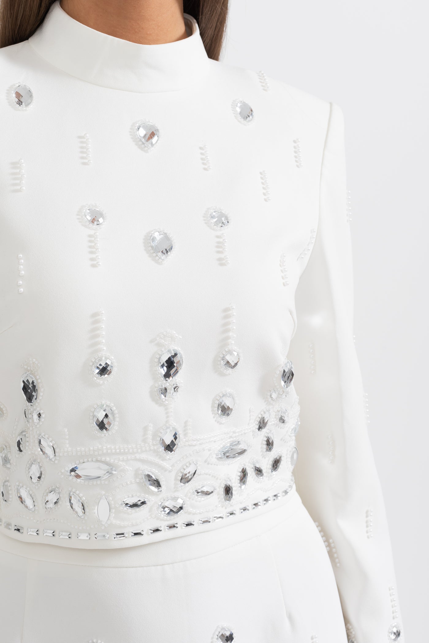 Elmas İşlemeli Takım ve Maksi Etek - Beyaz