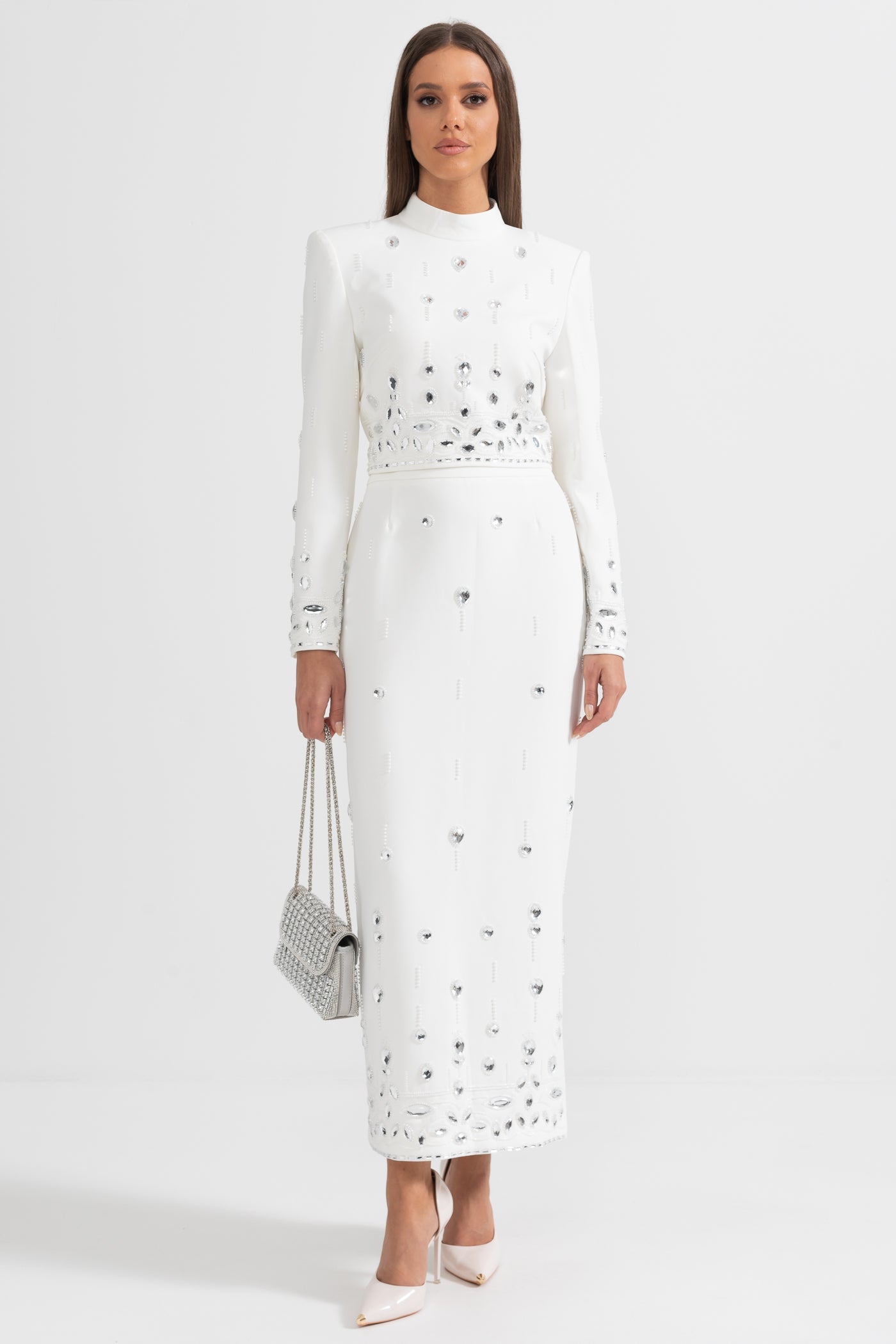 Elmas İşlemeli Takım ve Maksi Etek - Beyaz