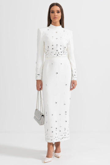Elmas İşlemeli Takım ve Maksi Etek - Beyaz