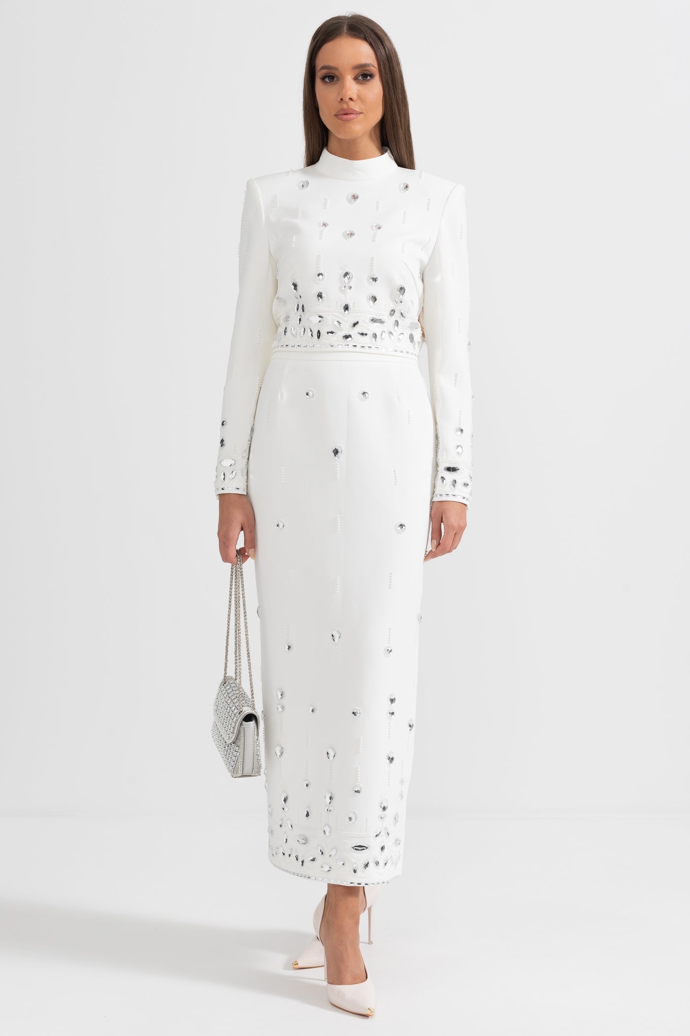 Elmas İşlemeli Takım ve Maksi Etek - Beyaz