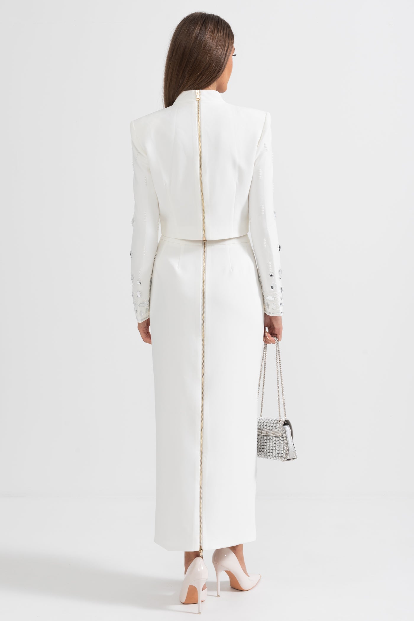 Elmas İşlemeli Takım ve Maksi Etek - Beyaz