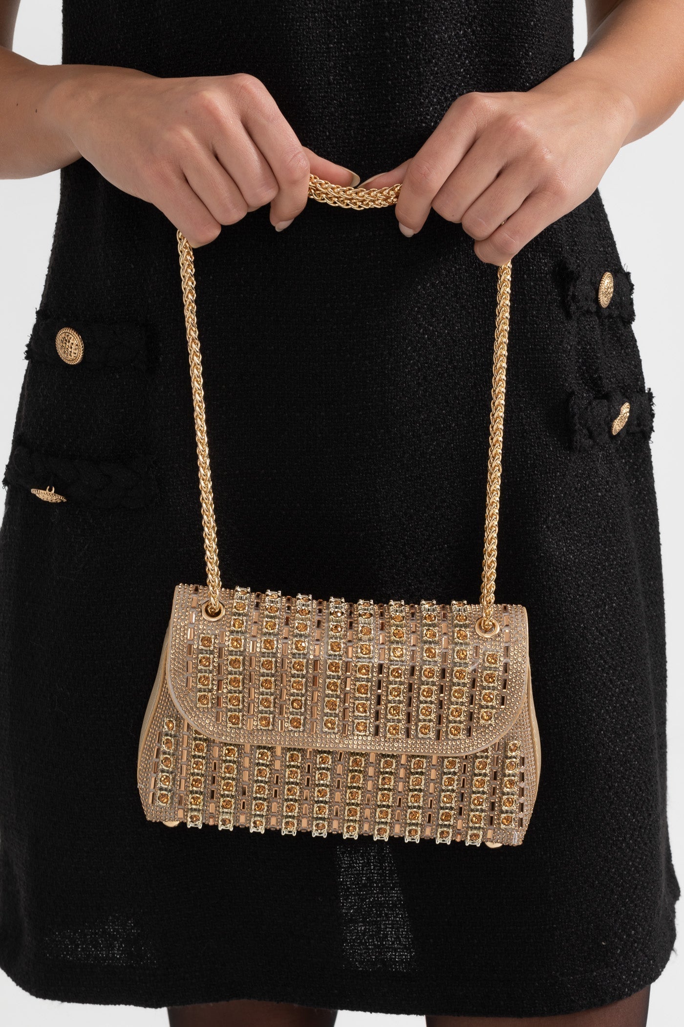 Parıltılı Dokuma Çanta, Parıldayan Rhinestone Süslemelerle - Altın