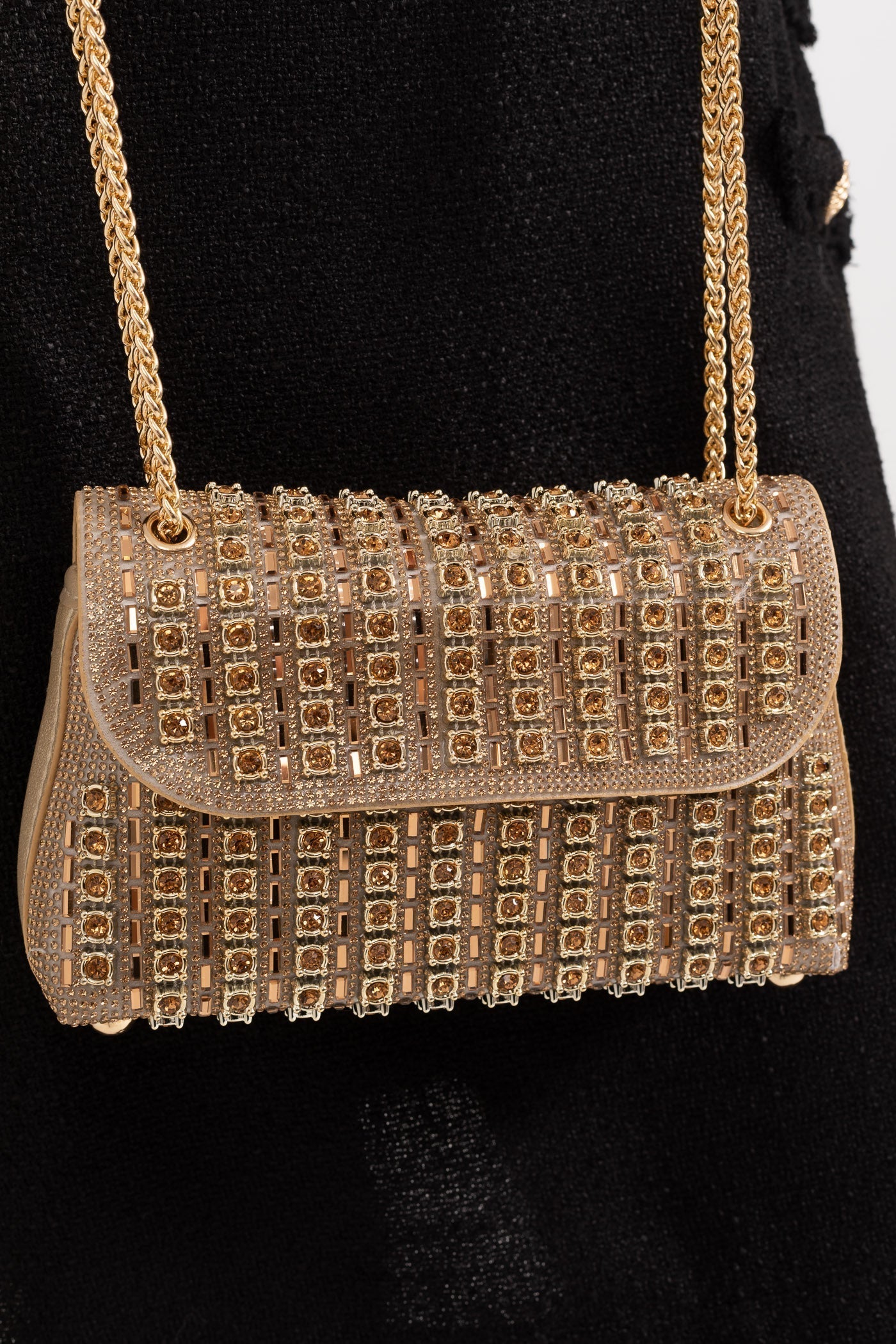 Parıltılı Dokuma Çanta, Parıldayan Rhinestone Süslemelerle - Altın