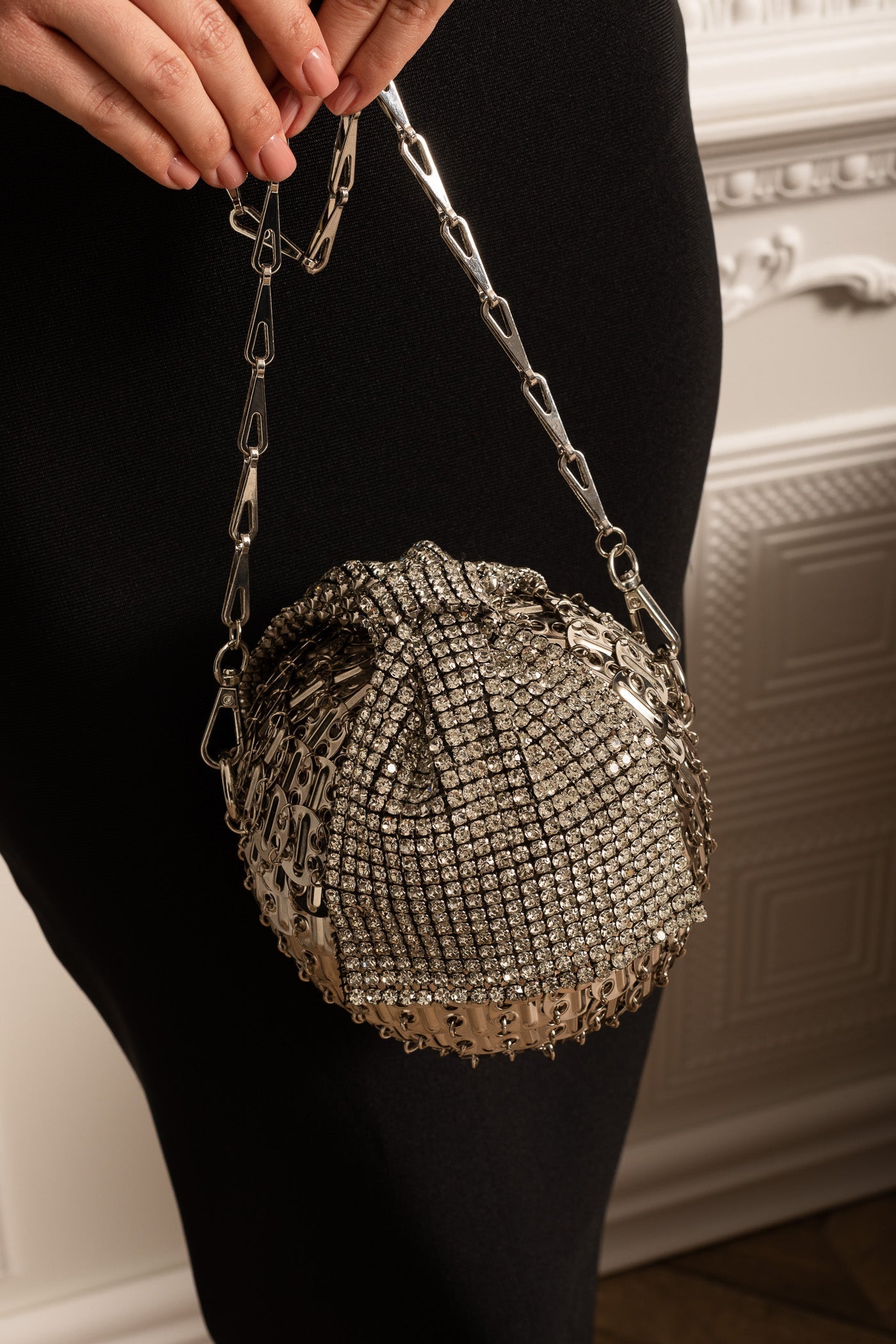 Sphere-Shaped Metallic Handbag with Glittery Embellishments - Silver