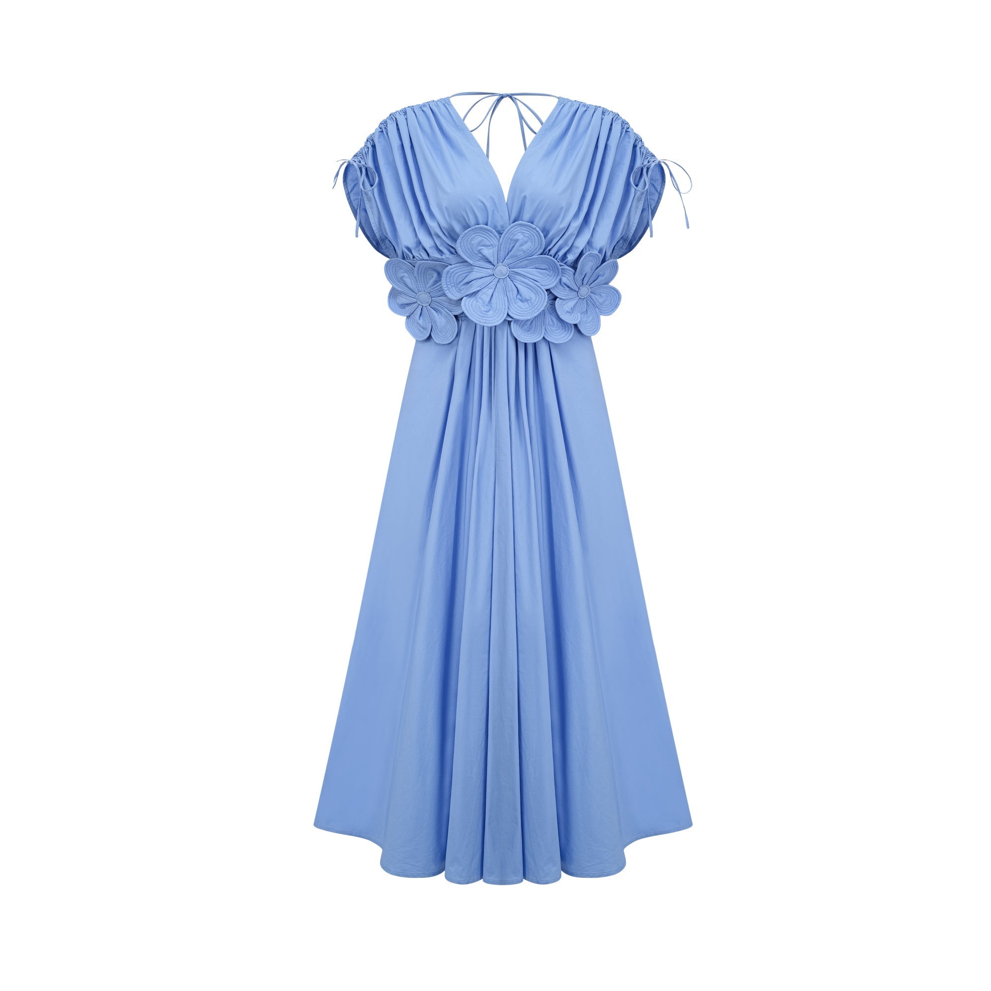 Emma Maxikleid aus blauer Spitze mit Blattdetails und Raffungen
