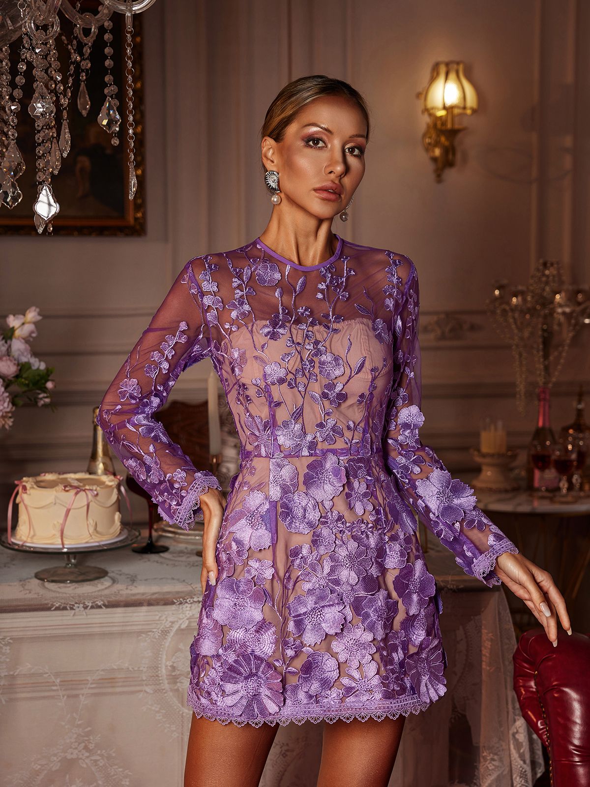 Dallan Minikleid mit langen Ärmeln und Blumenstickerei