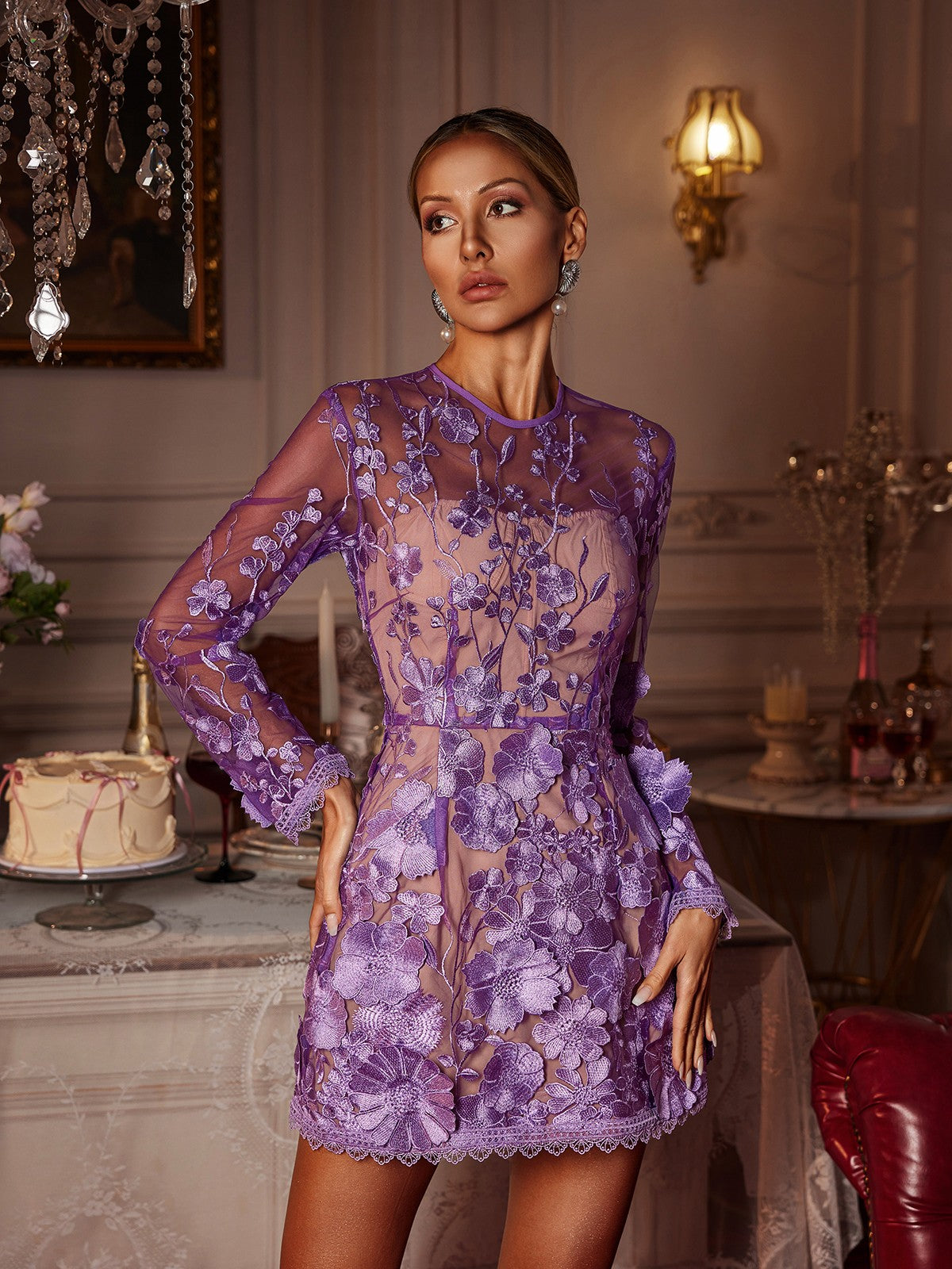 Dallan Minikleid mit langen Ärmeln und Blumenstickerei