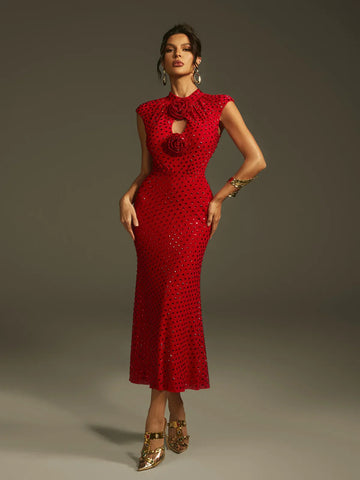 Rotes Kristallrosen-Midikleid