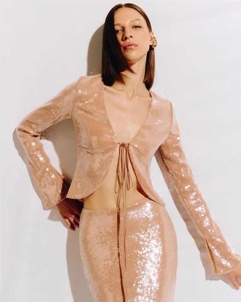 Sierra Rose Altın Pullu Set Maxi Elbise