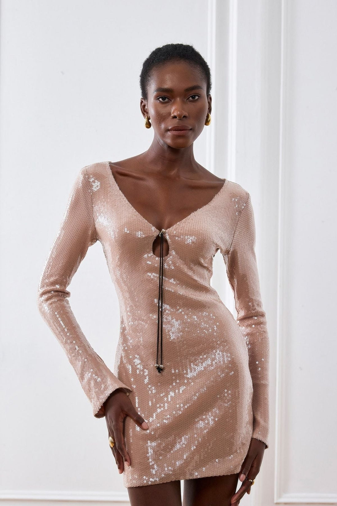 Aoibhe Long Sleeve Sequin Mini Dress Apricot