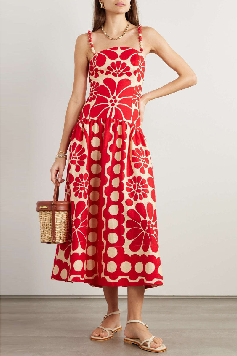 Élisabeth Blumen-Spaghetti-Maxikleid Rot