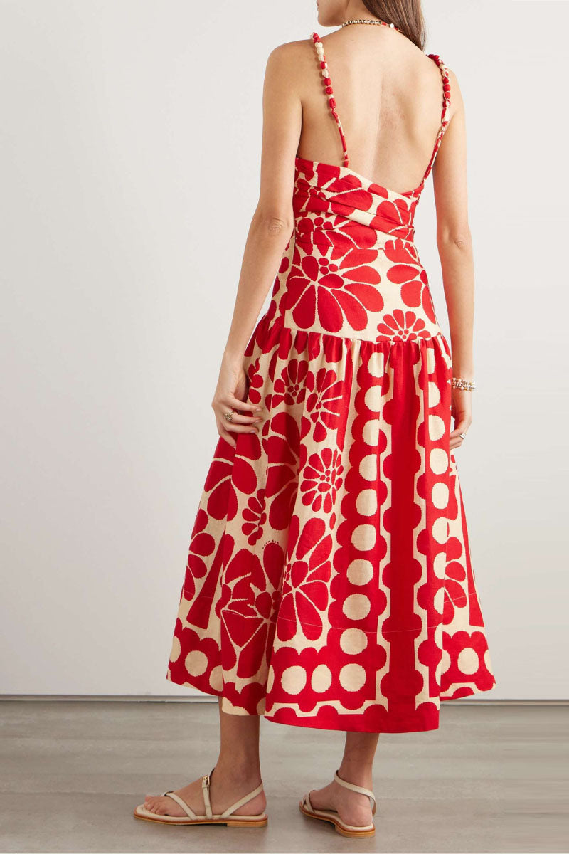 Élisabeth Blumen-Spaghetti-Maxikleid Rot
