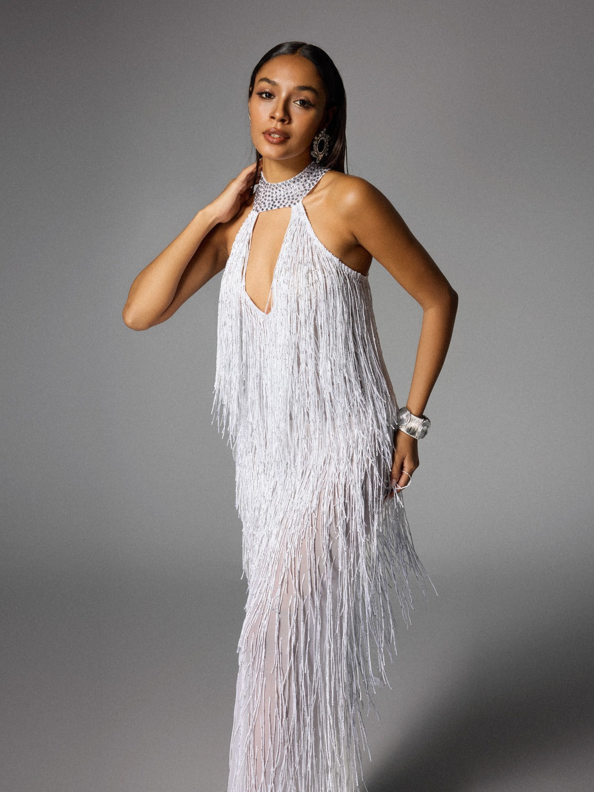 Elvrik Halterneck Fringe Cutout Split Maxi Dress