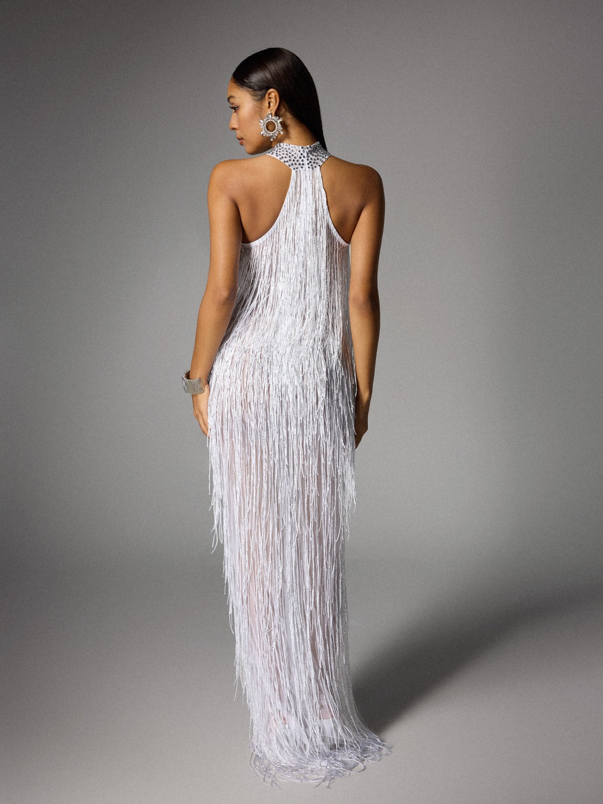 Elvrik Halterneck Fringe Cutout Split Maxi Dress