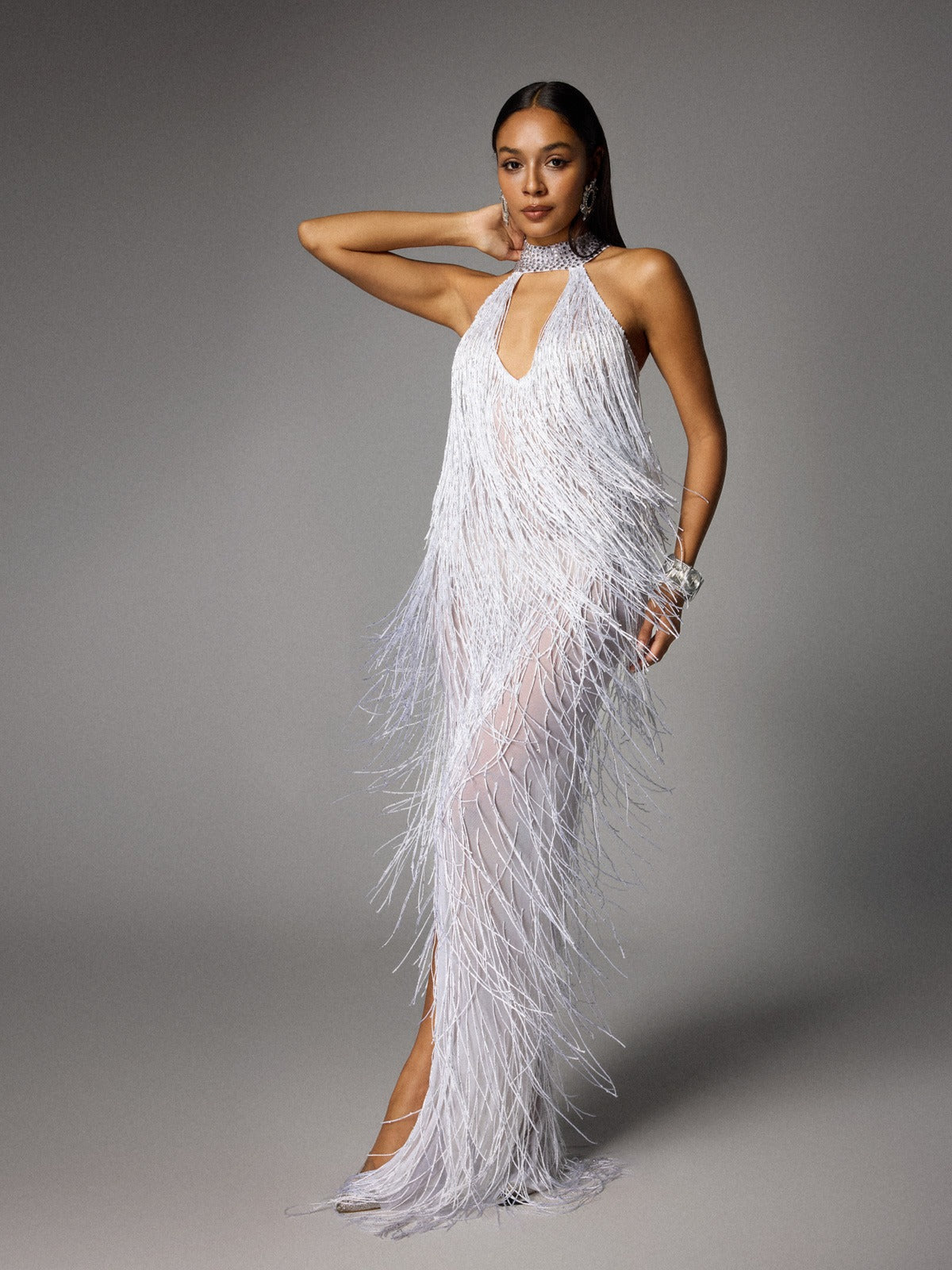 Elvrik Halterneck Fringe Cutout Split Maxi Dress