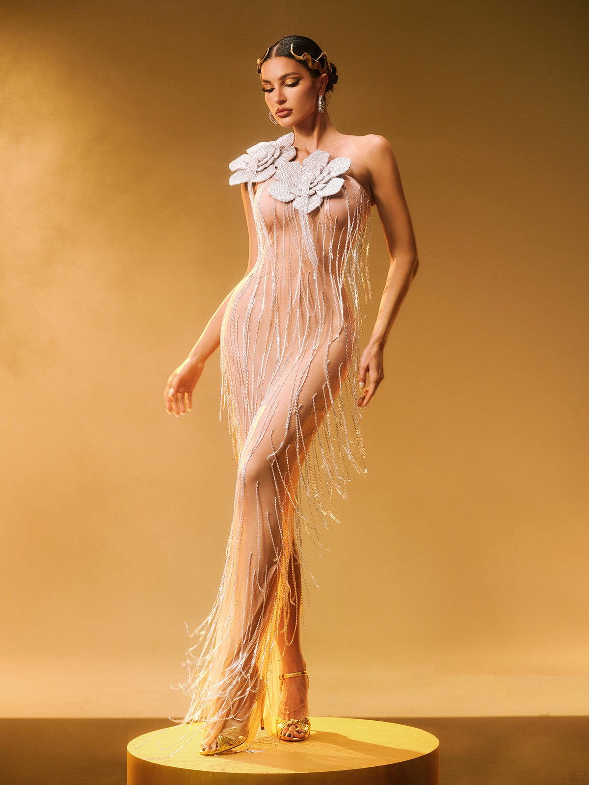 Ephira Crystal Flower Tassel Maxi Dress