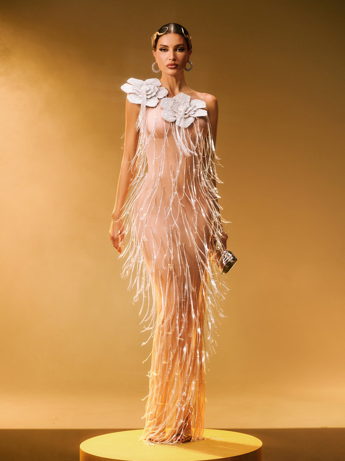 Ephira Crystal Flower Tassel Maxi Dress