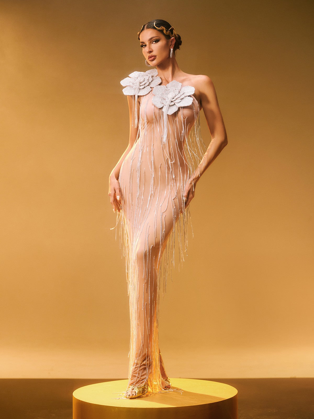 Ephira Crystal Flower Tassel Maxi Dress