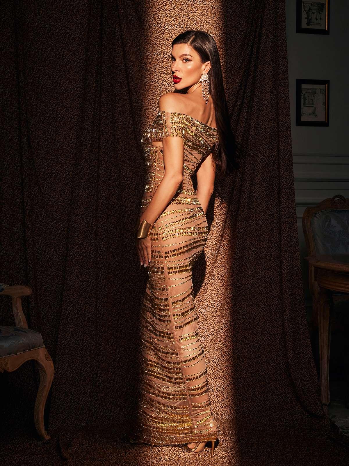 Eryx Off-Shoulder Rhinestone Mesh Maxi Dress