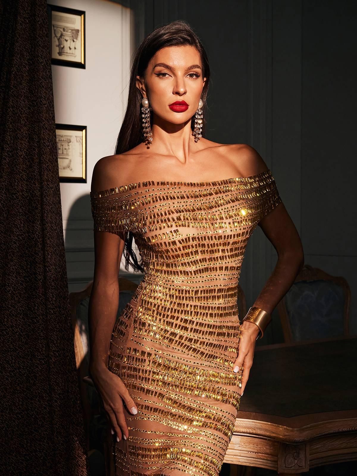 Eryx Off-Shoulder Rhinestone Mesh Maxi Dress