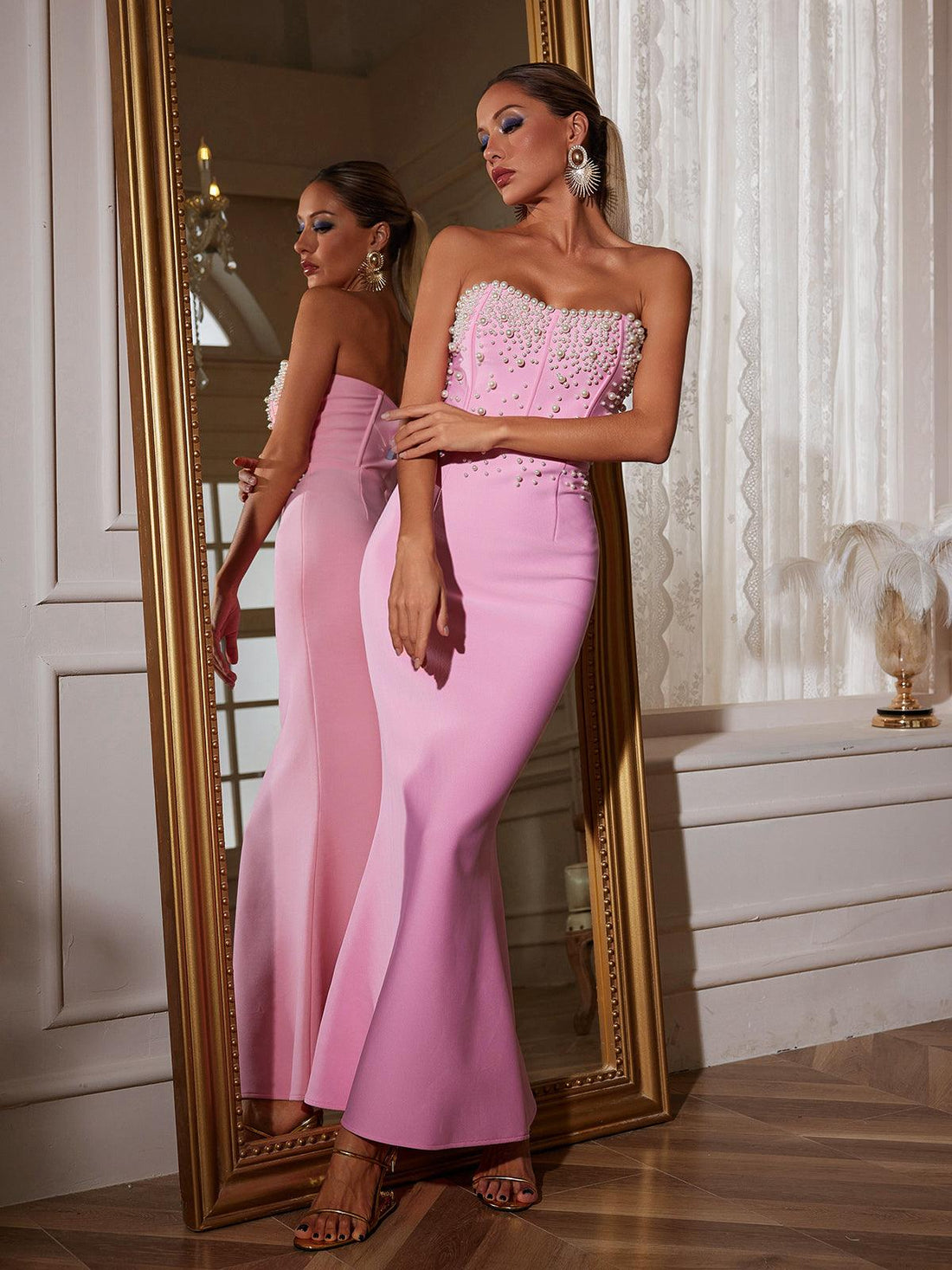 Everett Strapless Pearl Bandage Maxi Dress