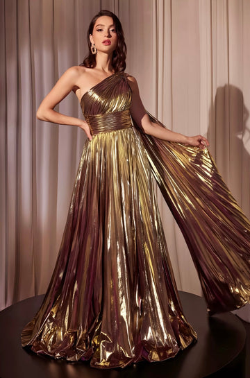 Aurora Tek Omuzlu Metalik Altın Renkli Maxi Elbise