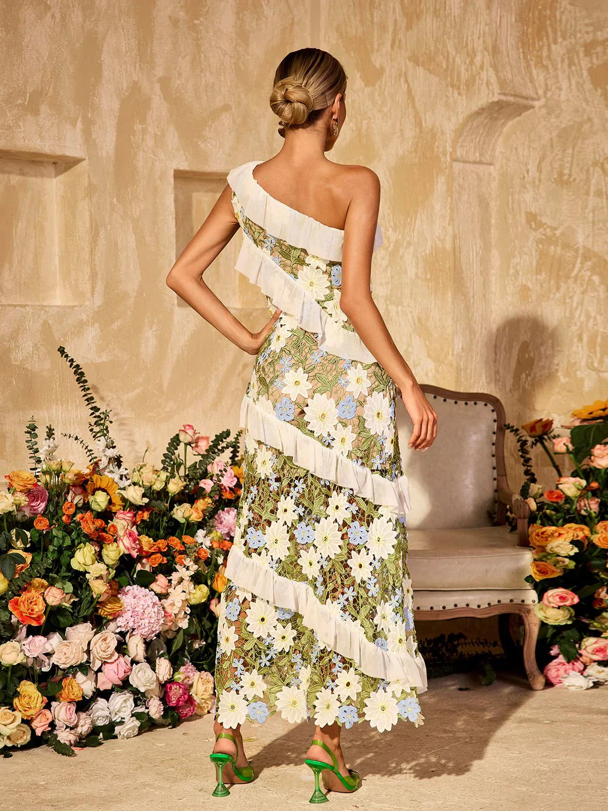 Gardenia Tek Omuzlu Çiçekli Maxi Elbise