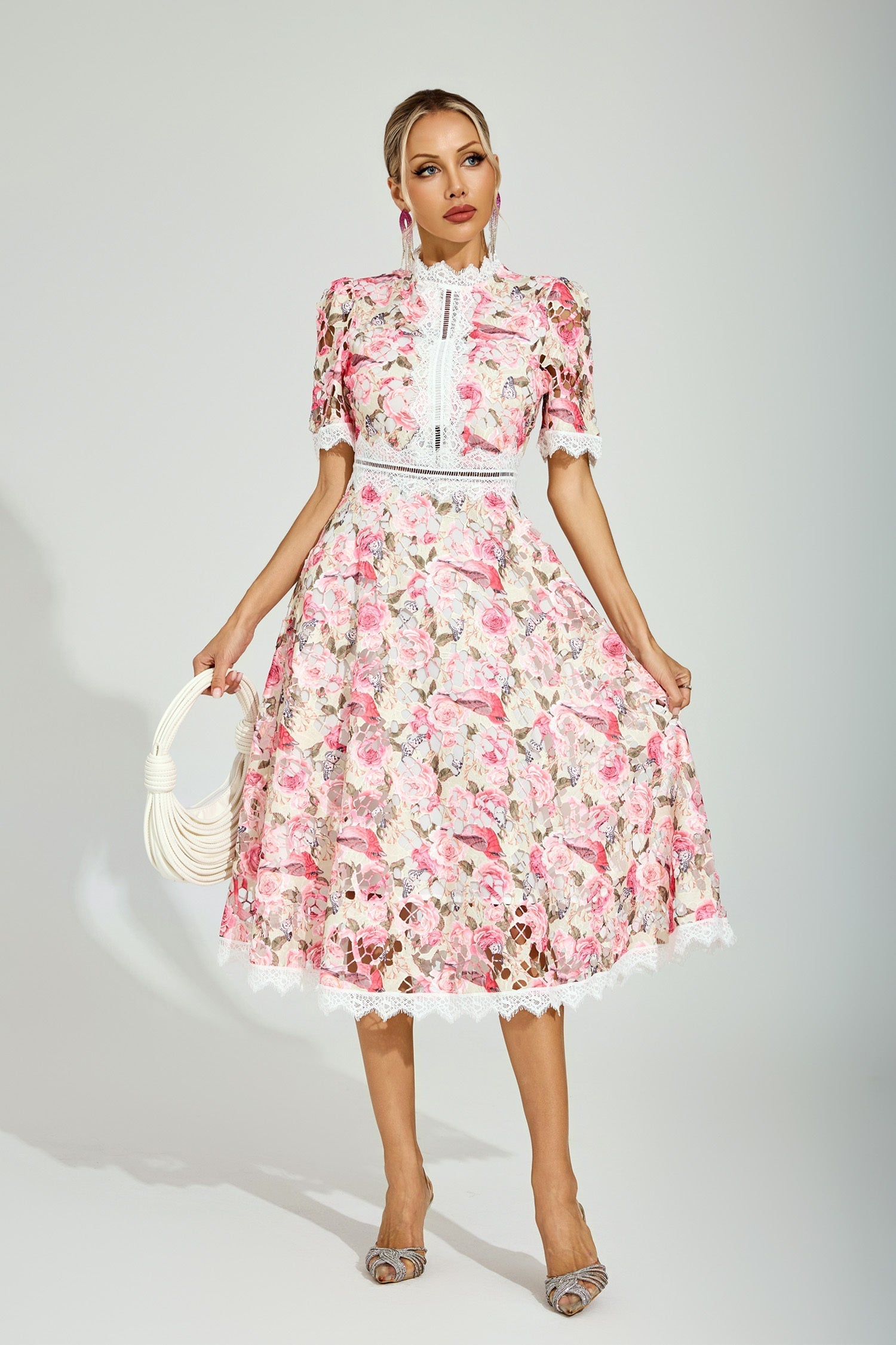 Rose Éclat Dantel Midi Elbise