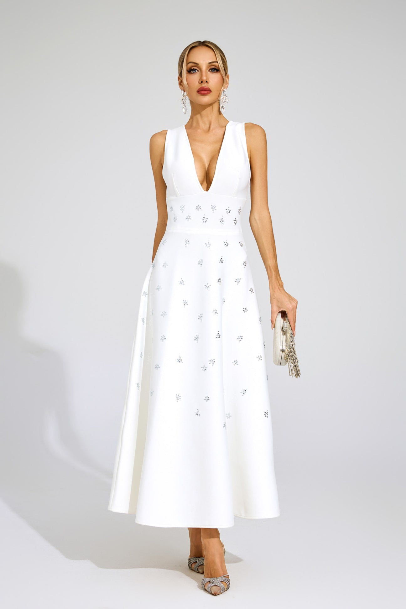 Céleste White Crystal Embellished Maxi Dress