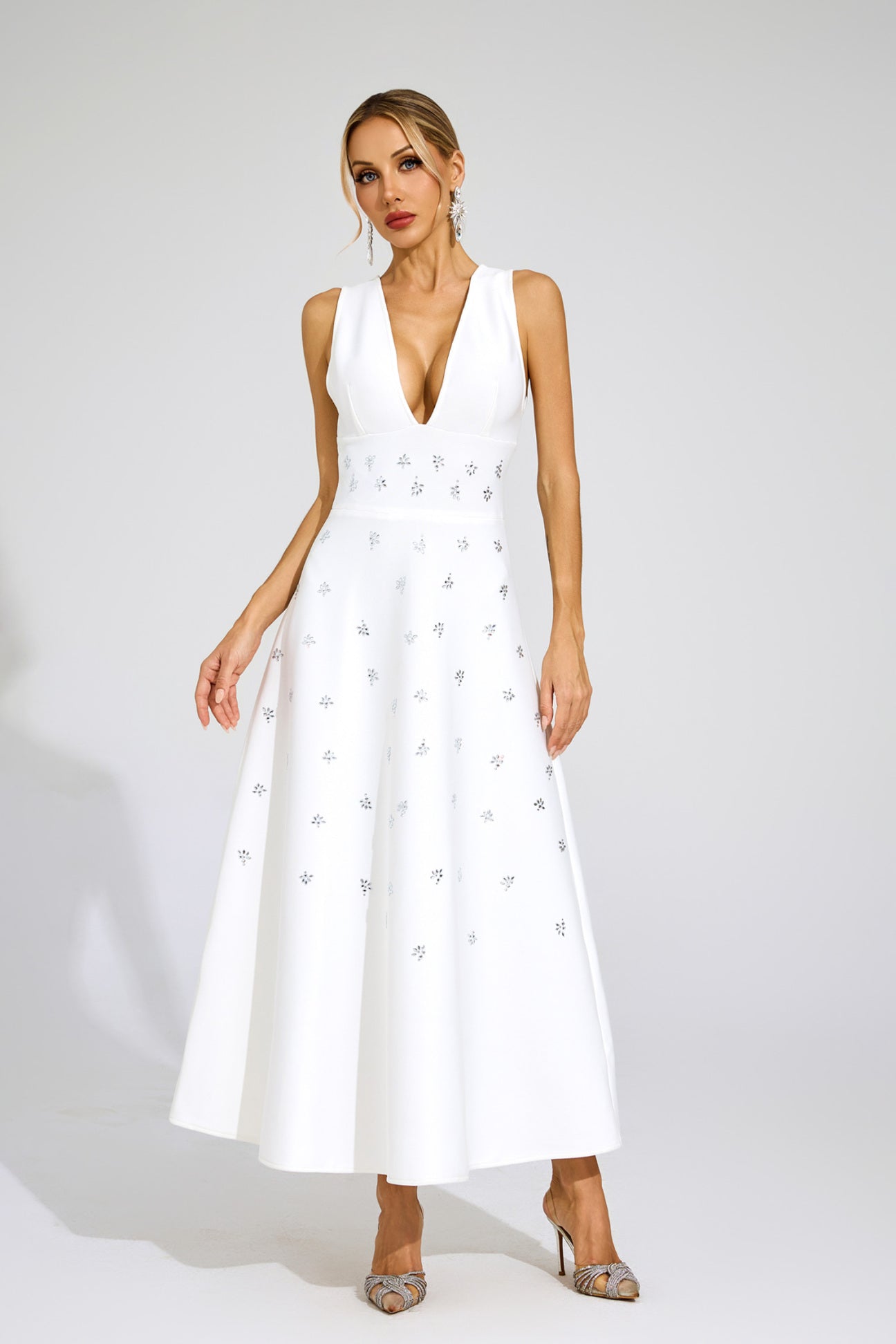 Céleste White Crystal Embellished Maxi Dress