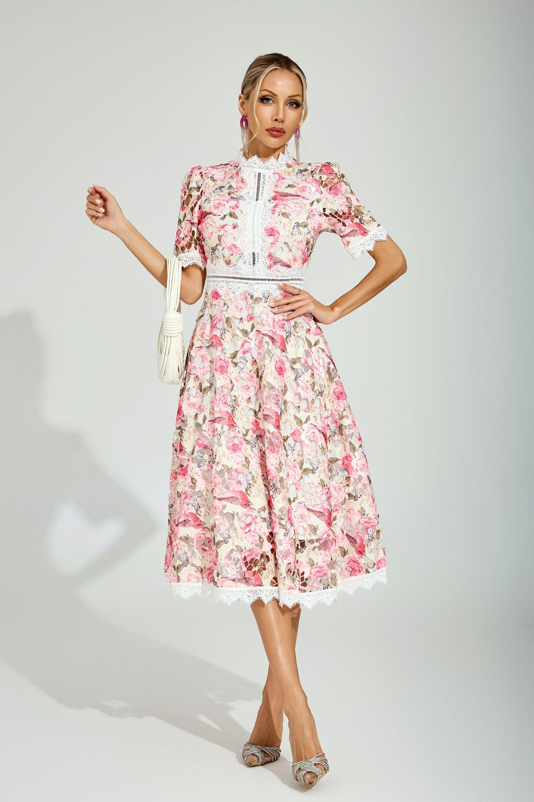 Rose Éclat Dantel Midi Elbise