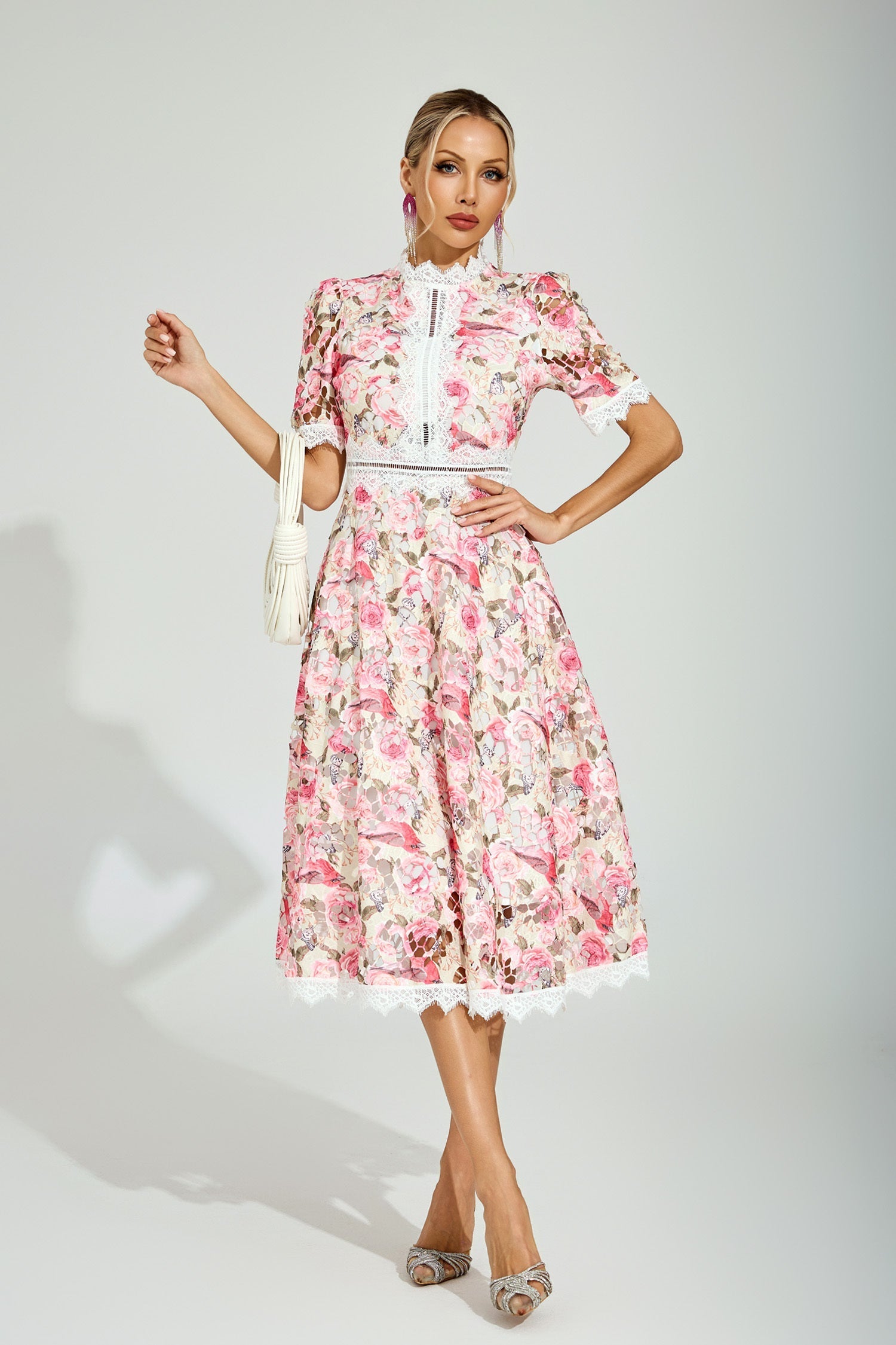 Rose Éclat Dantel Midi Elbise