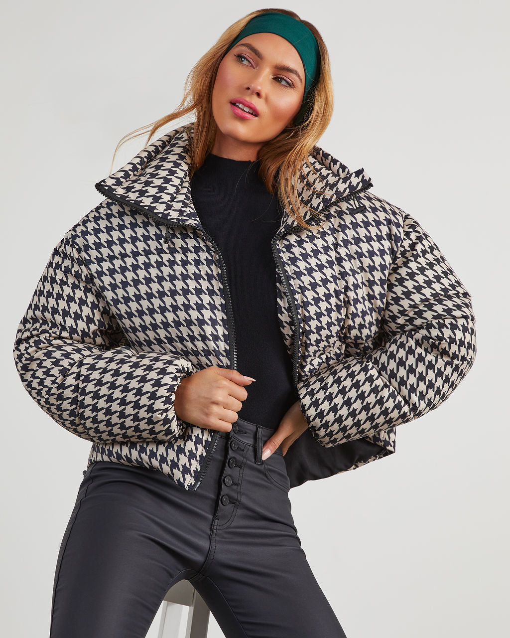 Donner-Pufferjacke mit Hahnentrittmuster