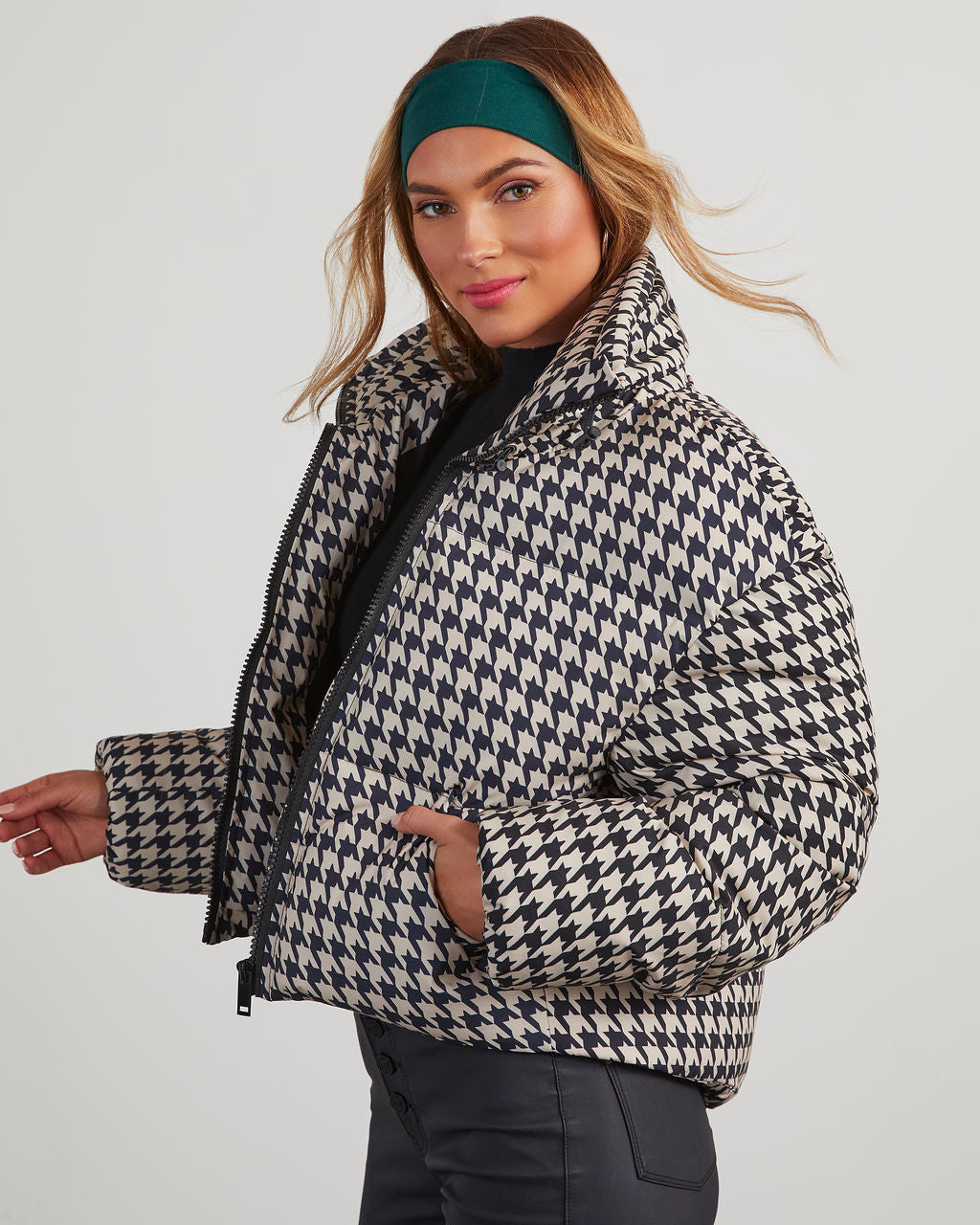 Donner-Pufferjacke mit Hahnentrittmuster